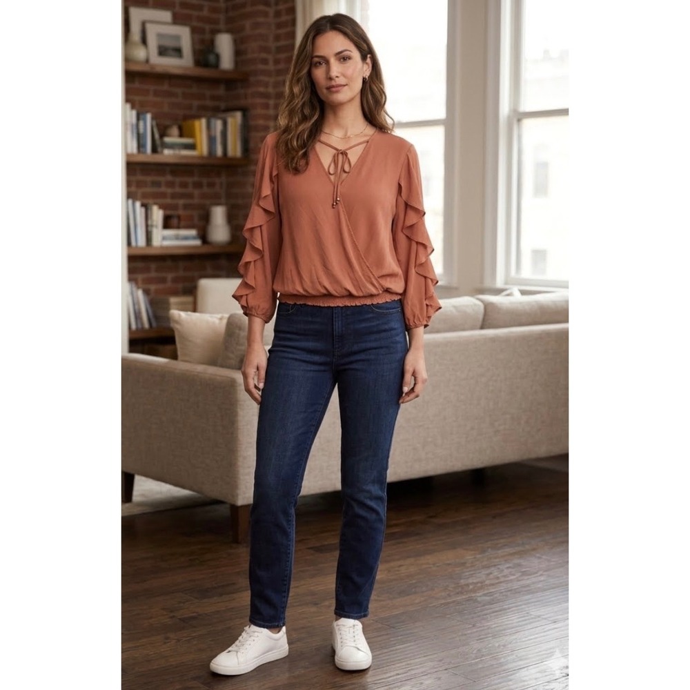 Soho NY & Co Blouse Sz L Rust Ruffle Sleeves Wrap Boho Chic Fall Business Casual